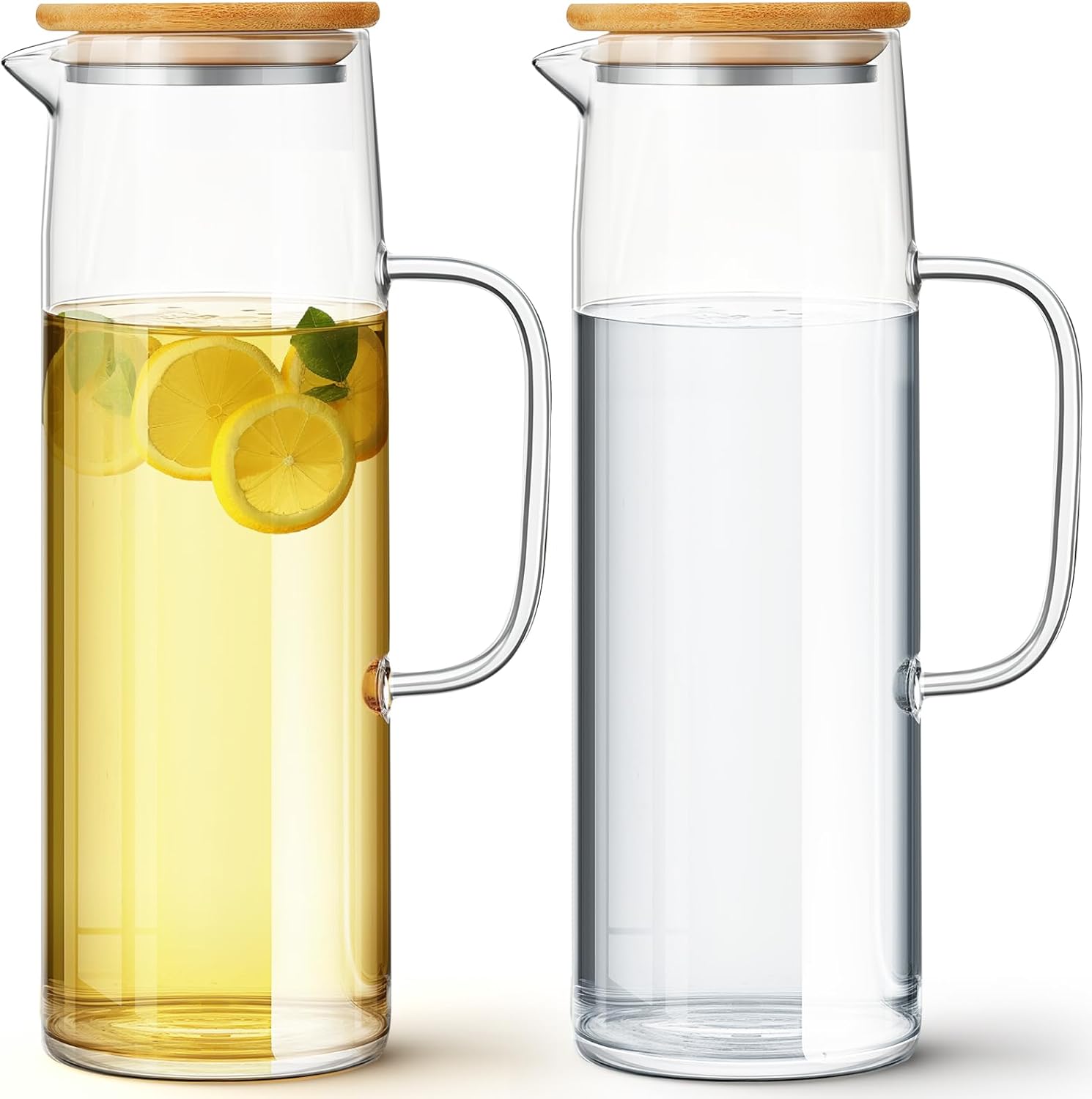 Hsei 2 Sets Glass Pitcher with Lid, 50 oz / 1500 ml Water Carafe with Handles Hot Cold Beverage Water Jar Glass Jug for Tea Juice Milk Coffee Iced Beverage