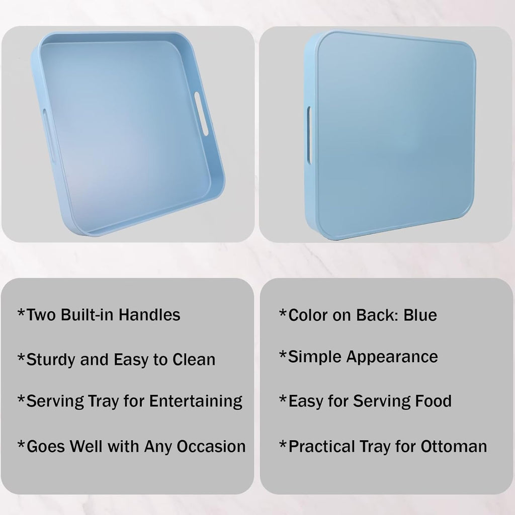 Square Blue Decorative Serving Tray with Handles, Versatile Ottoman Tray for Coffee Table, Entertaining, Outdoor Patio, Living Room, 13”*13”*1.6”
