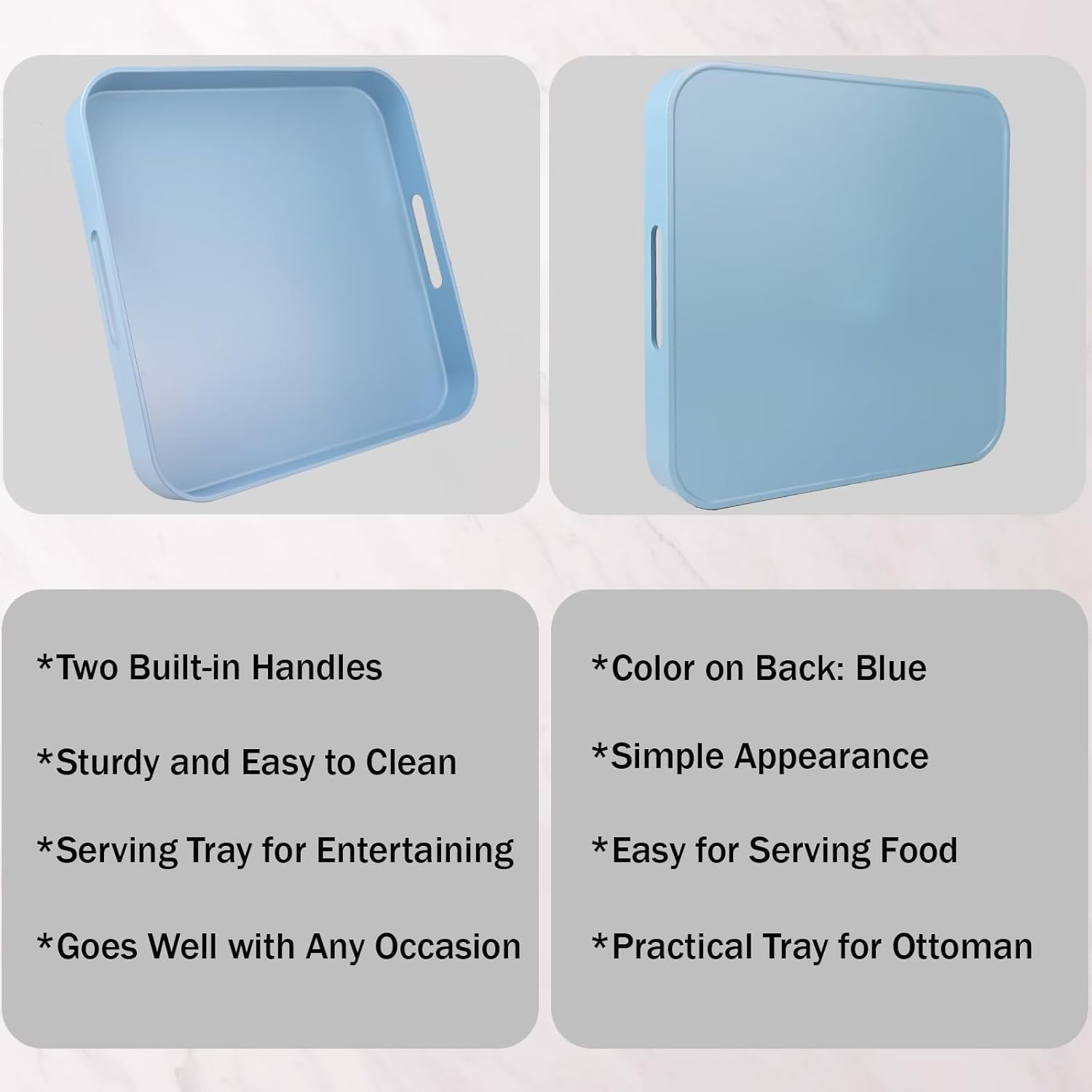 Square Blue Decorative Serving Tray with Handles, Versatile Ottoman Tray for Coffee Table, Entertaining, Outdoor Patio, Living Room, 13”*13”*1.6”