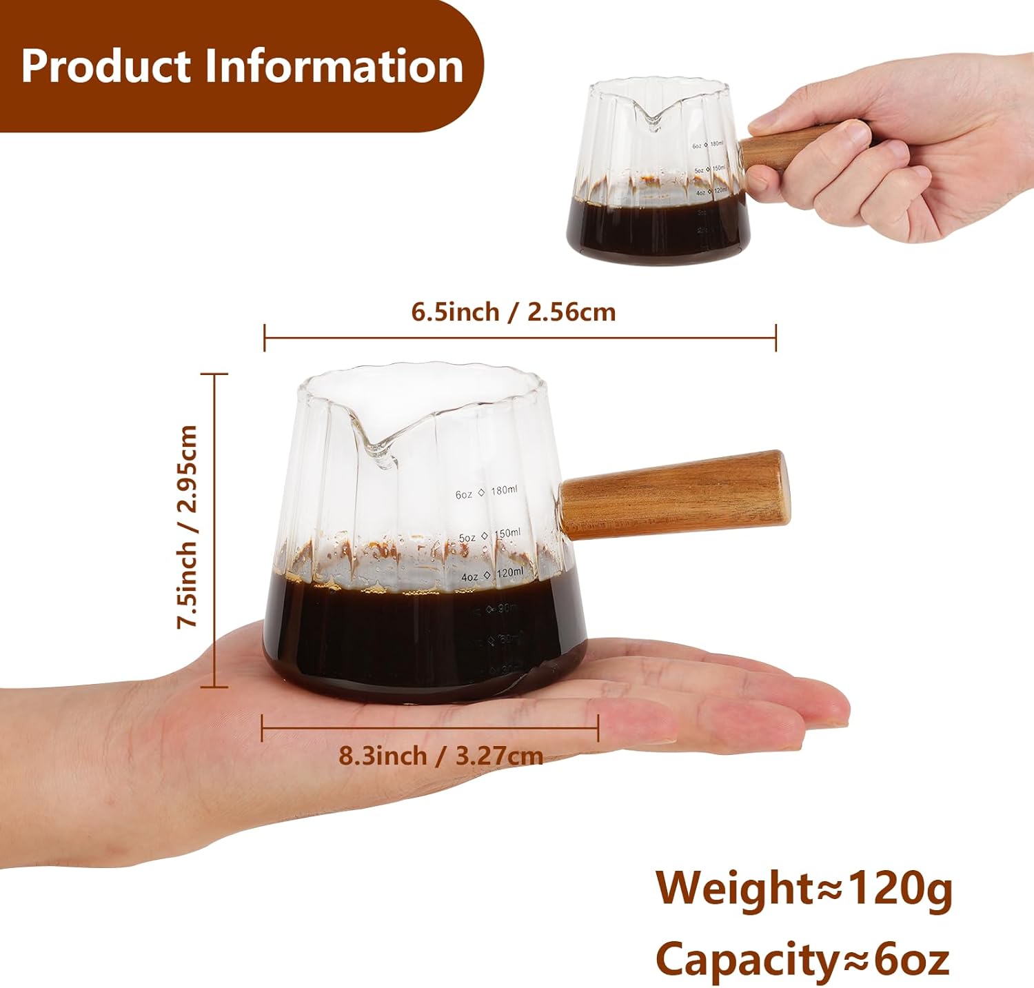 YARRAMATE 6 oz/180ML Glass Measuring Cup with Wooden Handle – Espresso Shot Cups, Ribbed Milk Frothing Pitcher, Dual Scale Markings, V-Shaped Mouth for Easy Pouring