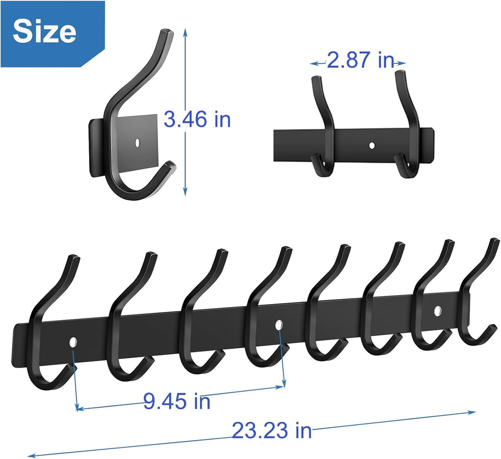 Wall Hooks Heavy Duty, 23 Inch Coat Rack Wall Mount with 8 Hooks, Black Wall Hooks for Entryway, Bathroom - for Hanging Backpack, Bag, Coat, Purse, Hat, Towel, Clothes,2 Packs