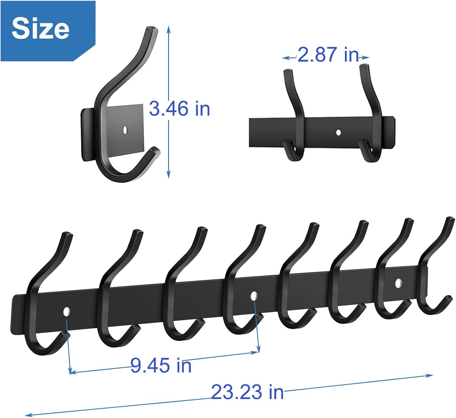 Wall Hooks Heavy Duty, 23 Inch Coat Rack Wall Mount with 8 Hooks, Black Wall Hooks for Entryway, Bathroom - for Hanging Backpack, Bag, Coat, Purse, Hat, Towel, Clothes,2 Packs