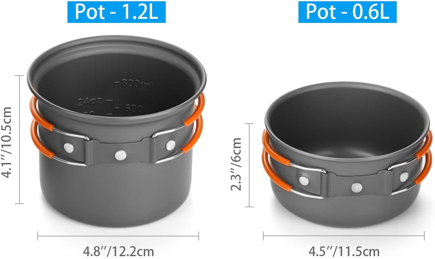 Odoland 6pcs Camping Cookware Mess Kit with Lightweight Pot, Stove, Spork and Carry Mesh Bag, Great for Backpacking Outdoor Camping Hiking and Picnic