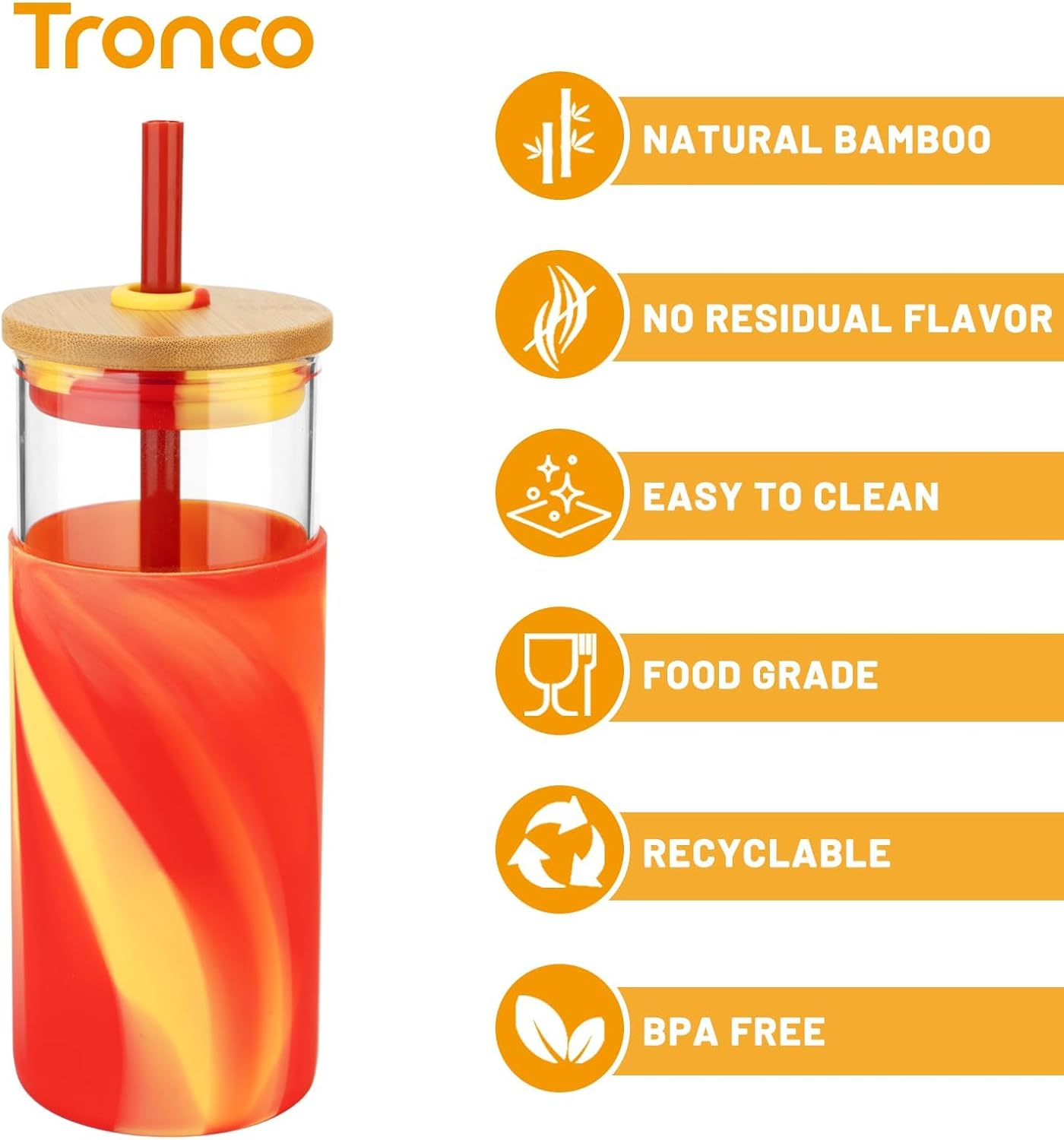 Tronco 20 oz Glass Tumbler with Straw and Bamboo Lid, Iced Coffee Cup Reusable, Smoothie Cups, Tumbler with Silicone Protective Sleeve - BPA Free