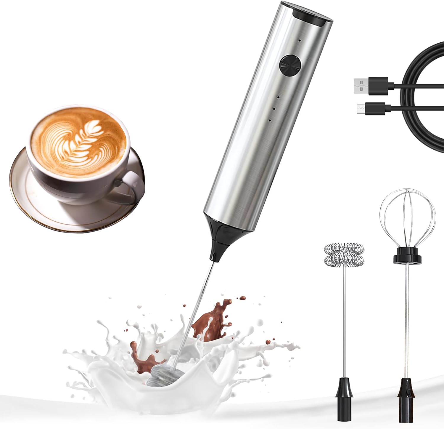 YARRAMATE Rechargeable Milk Frother Wand Handheld, 3 Speed Adjustable Electric Drink Mixer with 2 Whisks, Stainless Steel Stirrer for Coffee, Lattes, Protein Shakes, Matcha, Egg