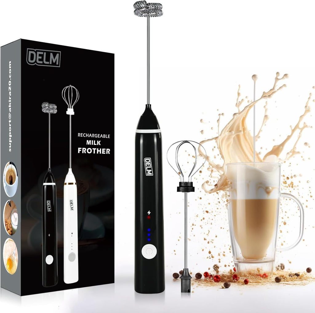 Delm Milk Frother Electric USB Stainless Steel Accessory - Frother Wand Foam Maker for Lattes - Milk Frother Handheld for Cappuccino, Frappe, Matcha, Hot Chocolate - Frother for Coffee (black)