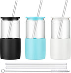 Sunseeke Glass Tumbler with Straw and Lid, 16oz Ice Coffee Cup, Silicone Sleeve Cleaning Brushes, Drinking Glasses for Water, Iced Coffee, Smoothie -BPA Free -3Pack