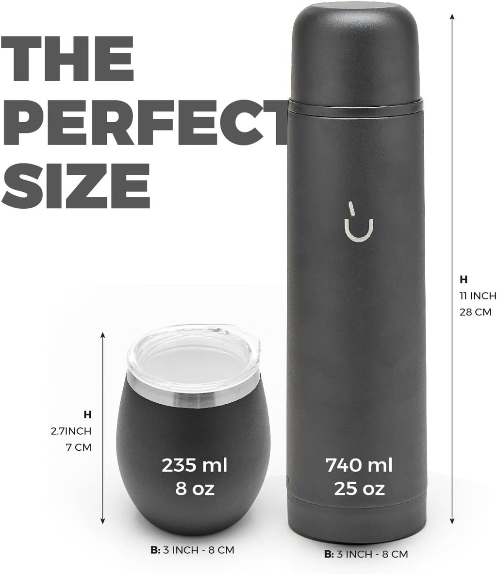 BALIBETOV Complete Yerba Mate Set - Modern Mate Gourd, Thermal Flask, Bombilla and Cleaning Brush Included - All Premium Quality 304 18/8 Stainless Steel (Full Black)