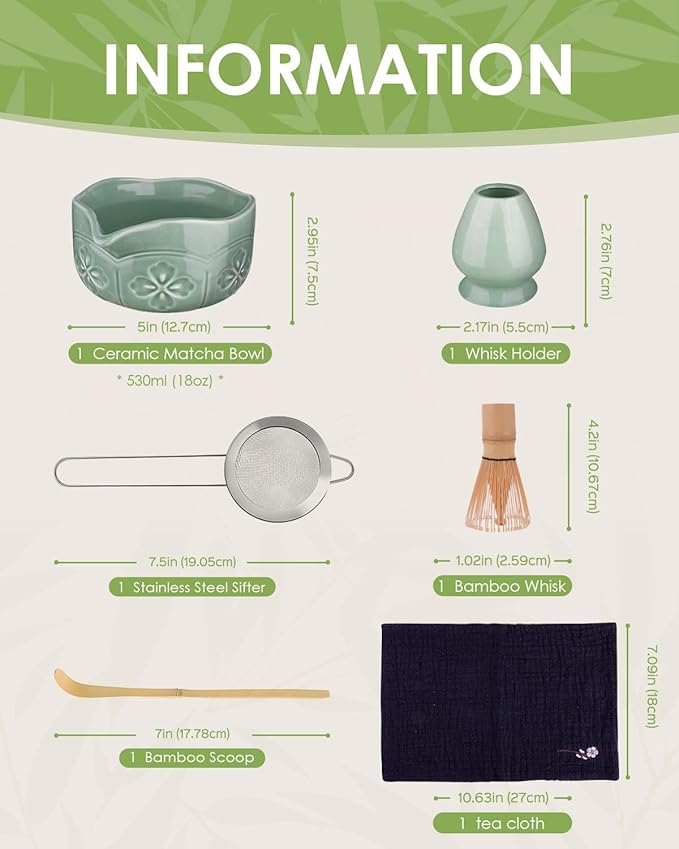 Matcha Whisk Set, Ceramic Matcha Bowl, Bamboo Whisk, Scoop, Sifter, Holder, Tea Towel - 6 Pcs Matcha Kit Gift for Matcha Lovers Beginners (Green)