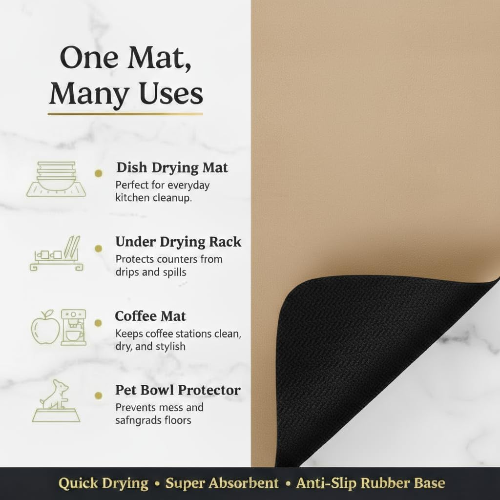 Dish Drying Mat Super Absorbent – 16" x 18" Coffee Mat for Countertops – Non-Slip Drying Mat for Kitchen Counter – Easy to Clean Water Absorbent Mat – Large Dish Drying Mats (Chowning's Tan)