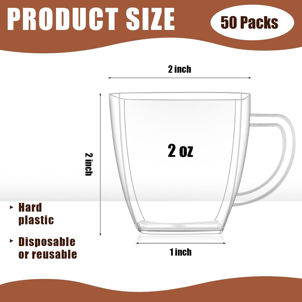 Amyhill 50 Pcs Disposable Tea Cups Mini Plastic Tea Cup Bulk with Handle Hard Plastic Coffee Mug Disposable Square Espresso Mug for Party Catering (Transparent)