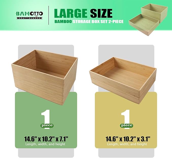 2-Piece Large Bamboo Storage Box Set, 7.1 in High Stackable Deep-Drawer Organizer for Kitchen Cutlery, Utensils & Knives, Lidless Wooden Bin for Homes & Offices (14.6"x10.2"x7.1"+14.6"x10.2"x3.1")