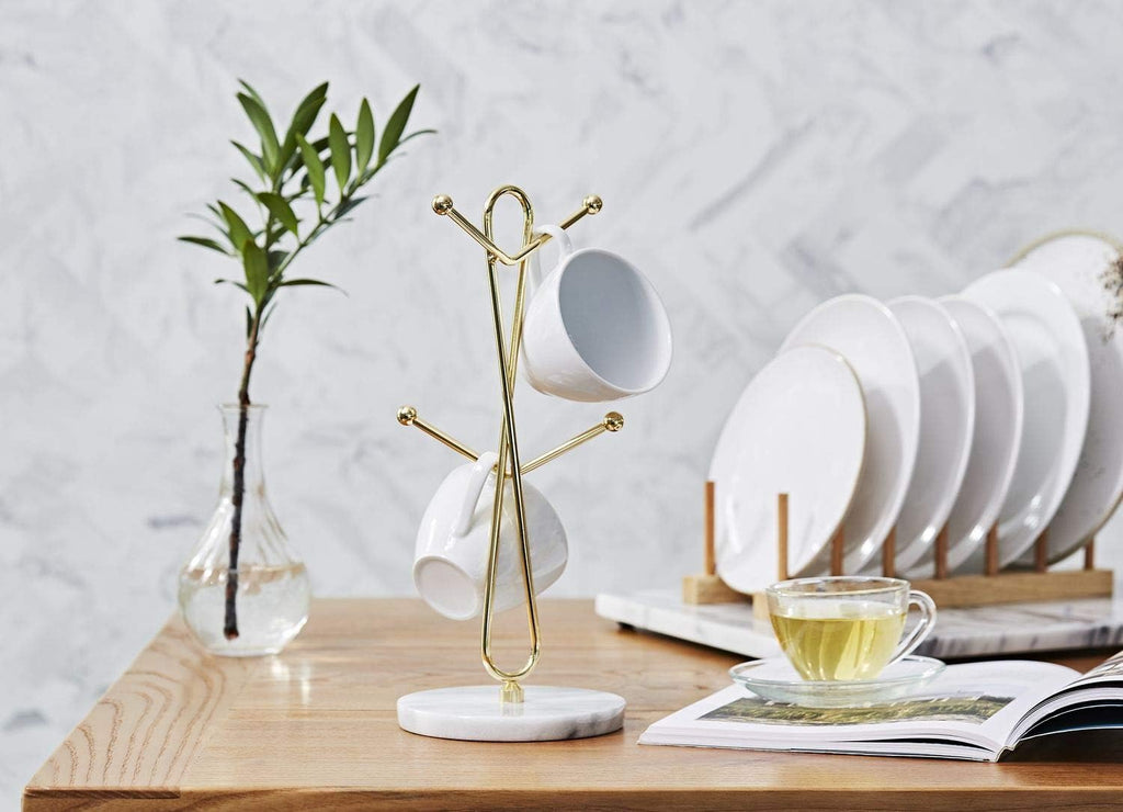 JEmarble Mug Holders with Copper Plated Standing - White Countertop Mug Tree, Coffee & Tea Cup Storage Rack, Coffee Counter Bar Accessory & Kitchen Organizer