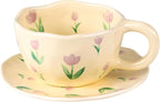 Cappuccino Cups with Saucers 8 oz Latte Art Cup Ceramics Coffee Mugs Irregular Aesthetic Flower Cups for Espresso, Double Shot, Americano, Latte, Tea - Microwave and Dishwasher Safe (Purple Tulips)