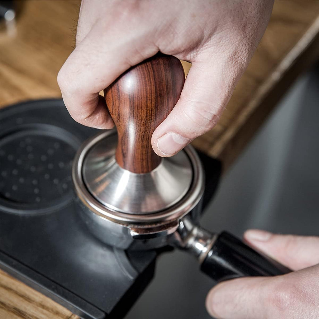 Coffee Tamper Espresso Press with Tamper Mat 304 Stainless Steel Flat Base Wooden Handle for Coffee Grounds Barista Espresso Machines Accessory (53MM)