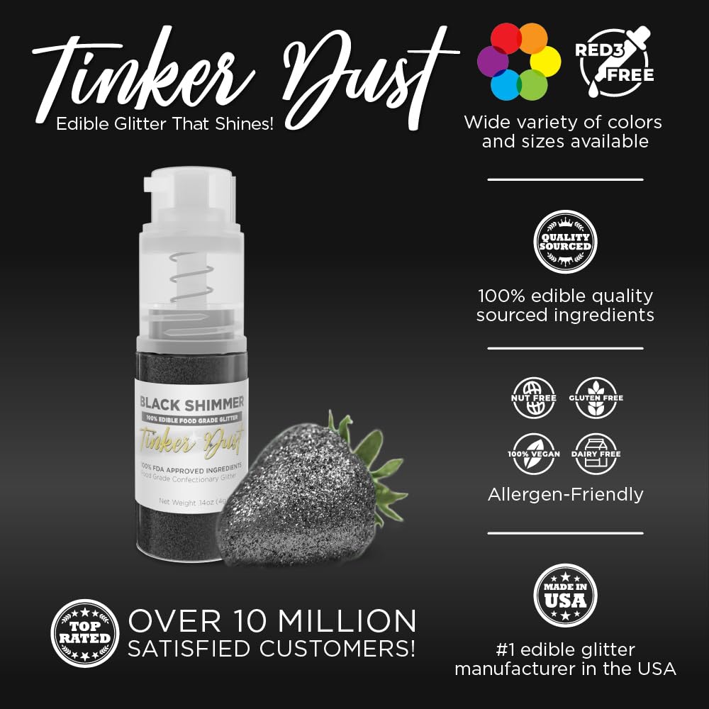 Bakell - Black Tinker Dust (4g, 1x Mini Spray Pump) Edible Glitter for Food, Desserts, and Beverages!
