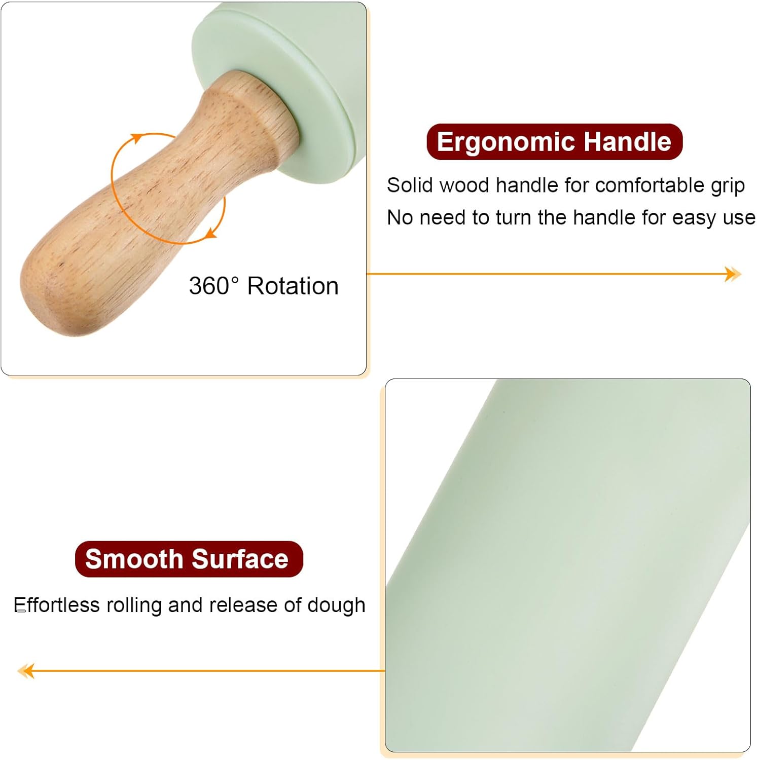 HARFINGTON Silicone Rolling Pins for Baking 12 Inch Wooden Handle Non Stick Rolling Pin Small Roller Playdough Rolling Pins for Dough Pizza Pastry Fondant Kitchen, Light Green