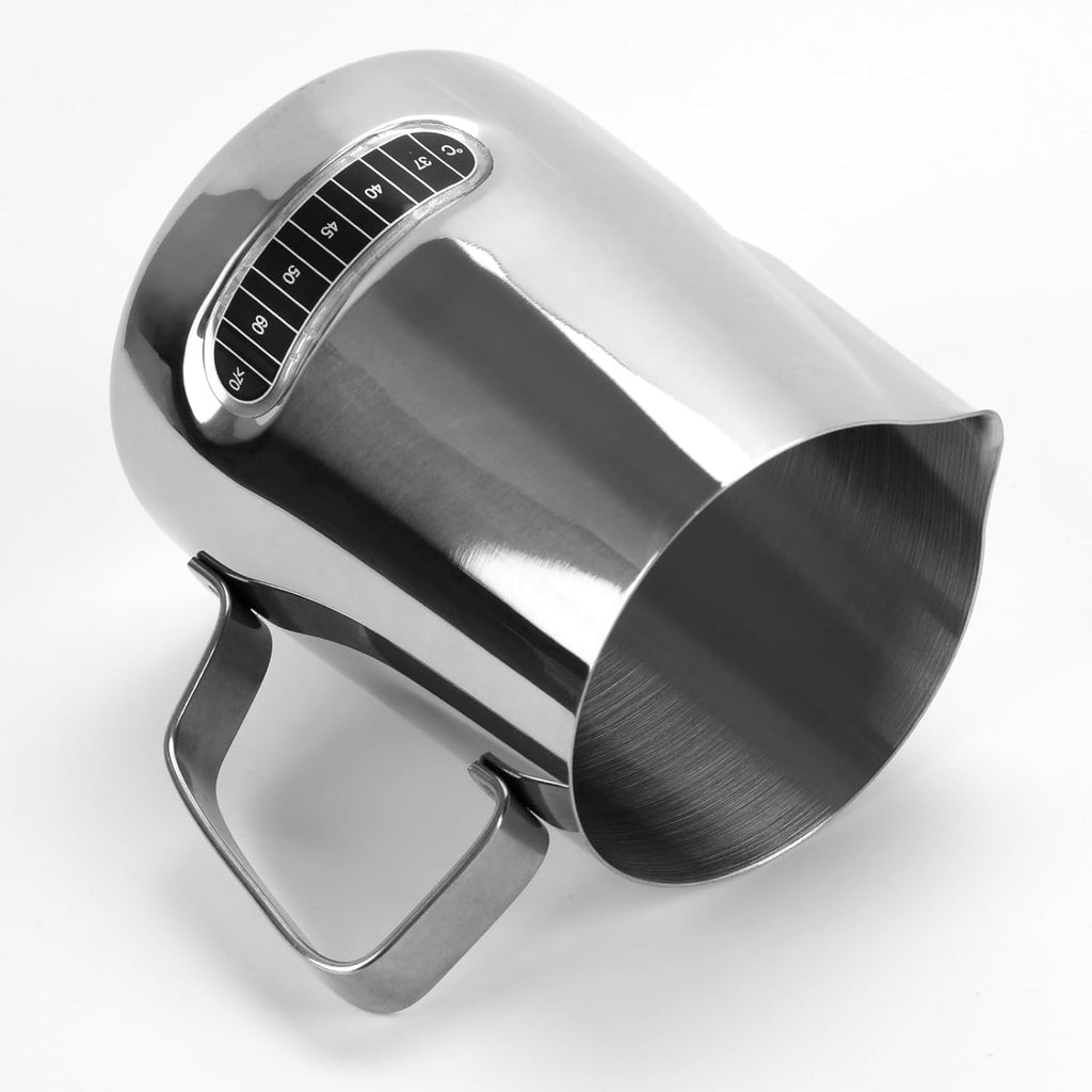 Milk Frothing Pitcher 20 oz, 2Pcs Milk Frother Cup with Thermometer Stainless Steel Milk Steamer Frother Temp Control Milk Jug Latte Milk Frother Thermometer Coffee Shop Accessories