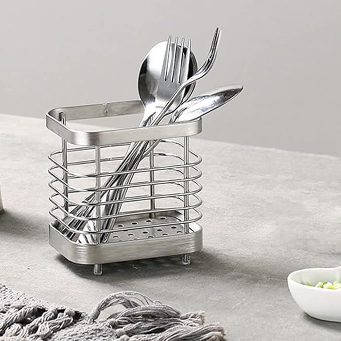 Utensil Holder, Stainless Steel Sink Utensil Holder Countertop, Kitchen Utensil Drying Caddy, Cutlery Drainer for Utensil, Rust-Proof Cutlery Utensil Organizer (Silver)