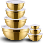 Gold Mixing Bowls with Lids Set of 7, Stainless Steel Nesting Bowl with Khaki Lid for Non-slip Mixing Prepping Storing Serving, 7 Sizes-7/3.6/2.7/2.1/1.5/1/0.8 QT