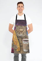 Funny Galaxy Cat Adjustable Bib Apron, The cat is holding a cup of black coffee and a baguette Cooking Kitchen Apron for Men Women
