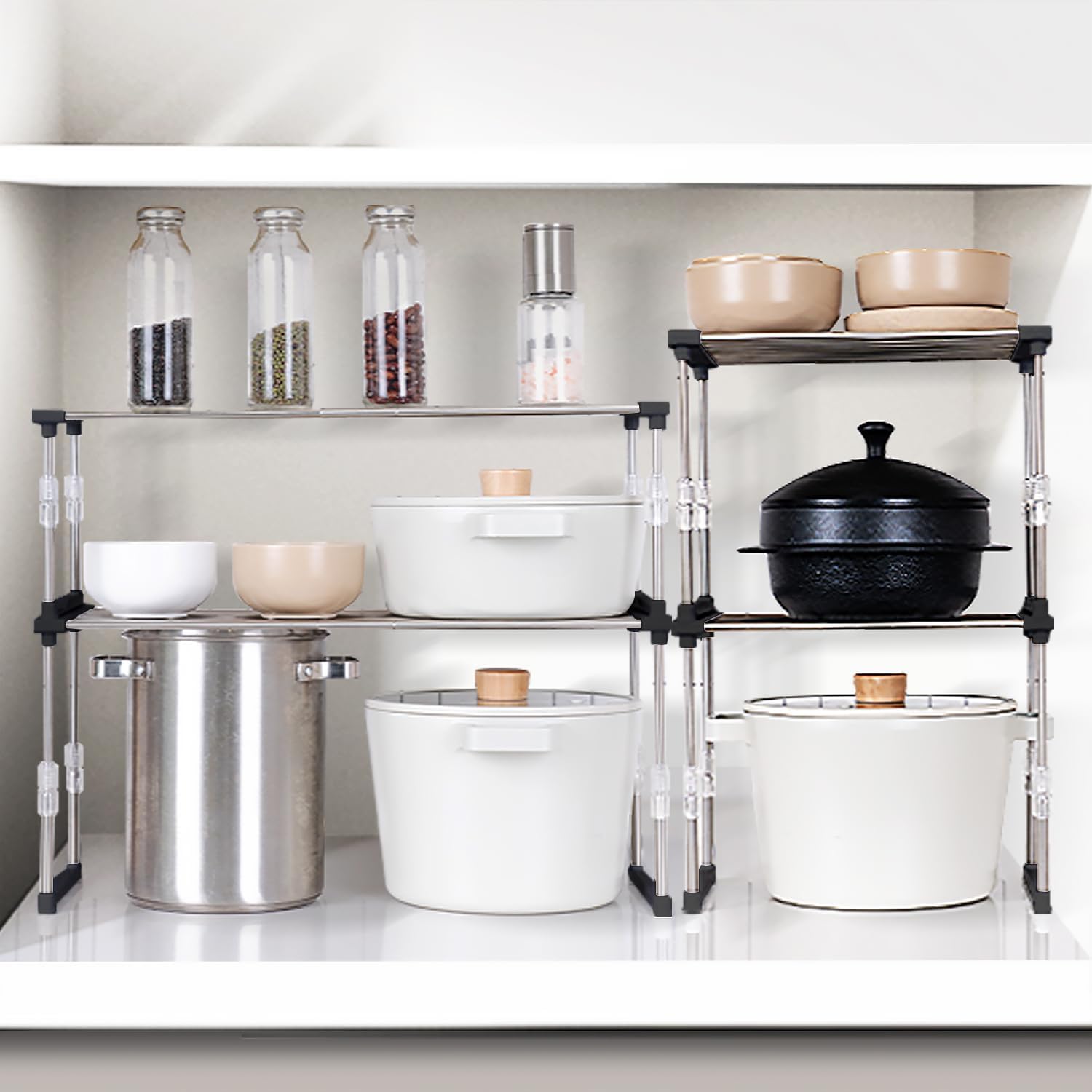 carrotez 2 Pack Expandable Cabinet Organizer, Set of 1 Width & Height-Adjustable Kitchen Cabinet Organizer Shelf, Stackable Kitchen Counter Shelf, 11.8~19.6 x 7.8 x 5.9~9" Black