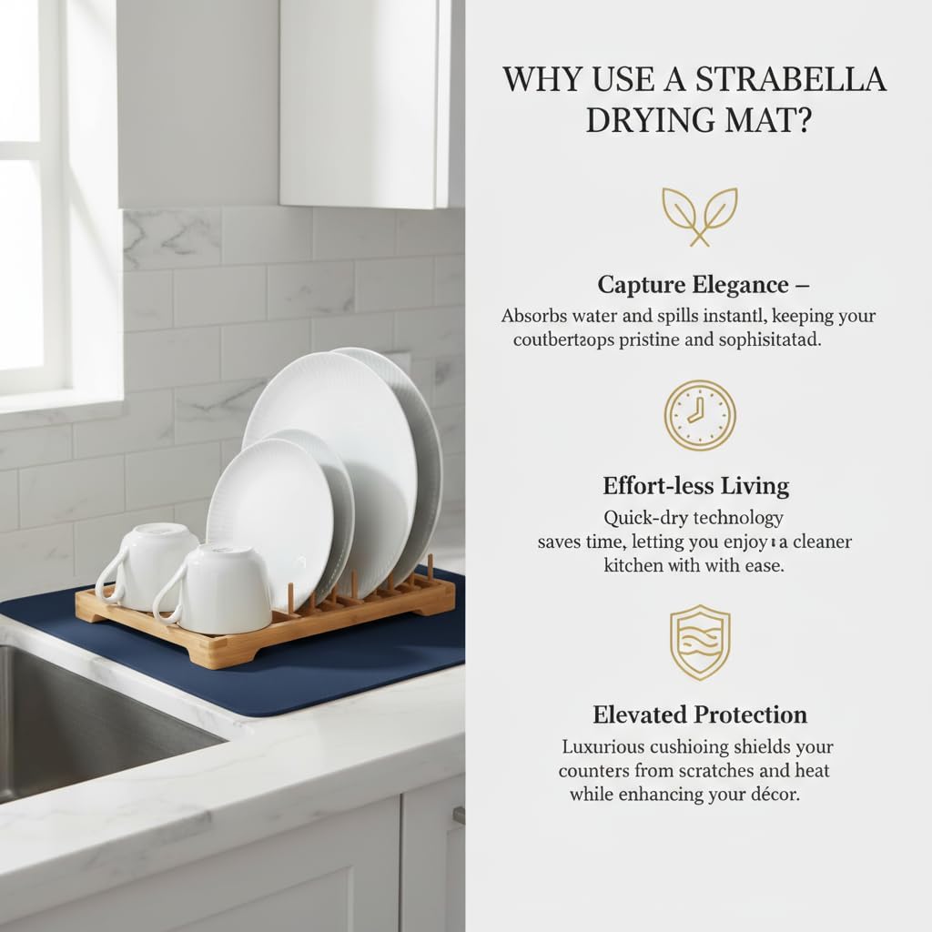 Dish Drying Mat Super Absorbent – 17" x 31" Coffee Mat for Countertops – Non-Slip Drying Mat for Kitchen Counter – Easy to Clean Water Absorbent Mat – XLarge Dish Drying Mats (Navy Blue)