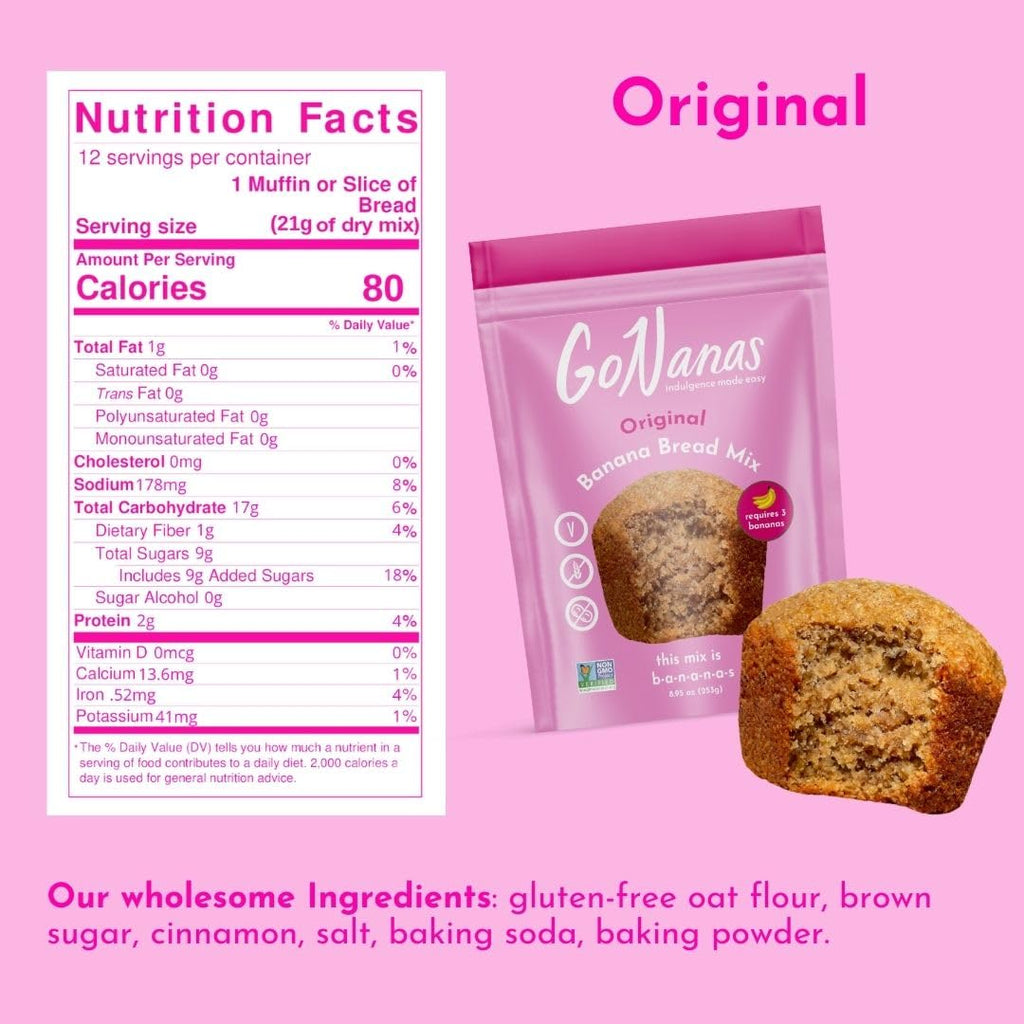 GoNanas Original Oat Flour Banana Bread Mix, Suitable for Plant Based Vegan Diets, Gluten Free Dairy Free Snacks, Healthy Snacks For Adults, Muffin Mix, Nut Free, Cupcakes Dessert, NON-GMO, 3pk