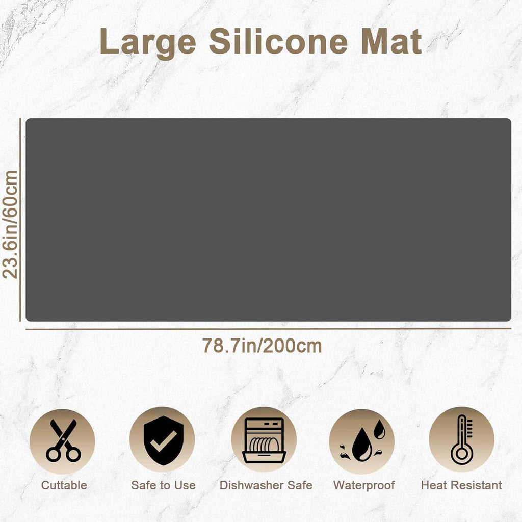 78.7"x23.6" Large Silicone Mat for Kitchen Counter, Heat Resistant Non-Slip Countertop Protector, Waterproof Silicone Craft Mat for Kitchen Island, Light Gray