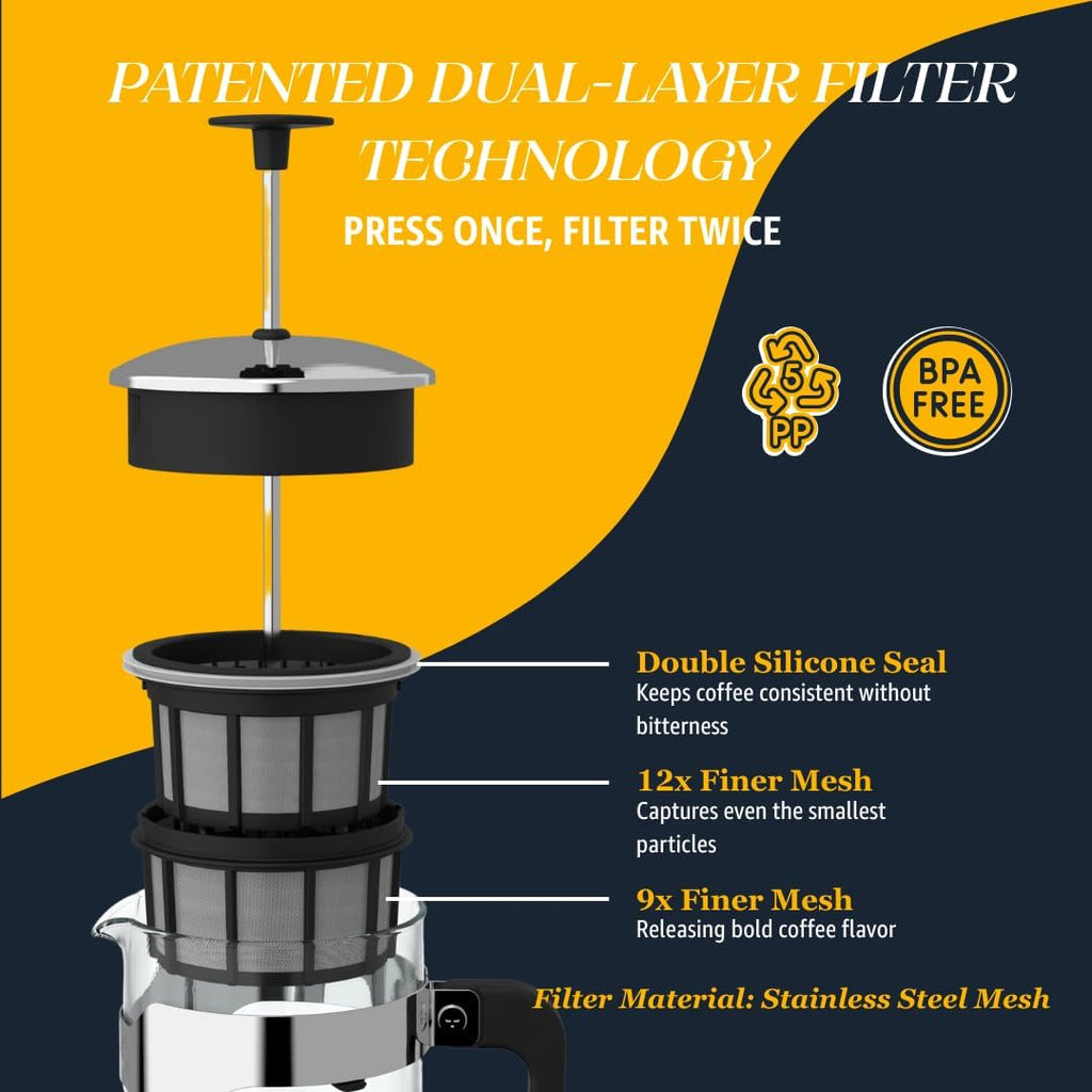 ESPRO - P5 French Press Coffee Maker – Patented Double Microfilter for Sludge and Grit Free Coffee, Black, 32 oz