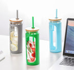 Kodrine 20oz Glass Tumbler with Straw and Lid, Iced Coffee Cups with Bamboo Lids, Glass Cups for Cold Drinks, Smoothie Cup with Silicone Sleeve for Travel, Work, BPA FREE-SpringGreen