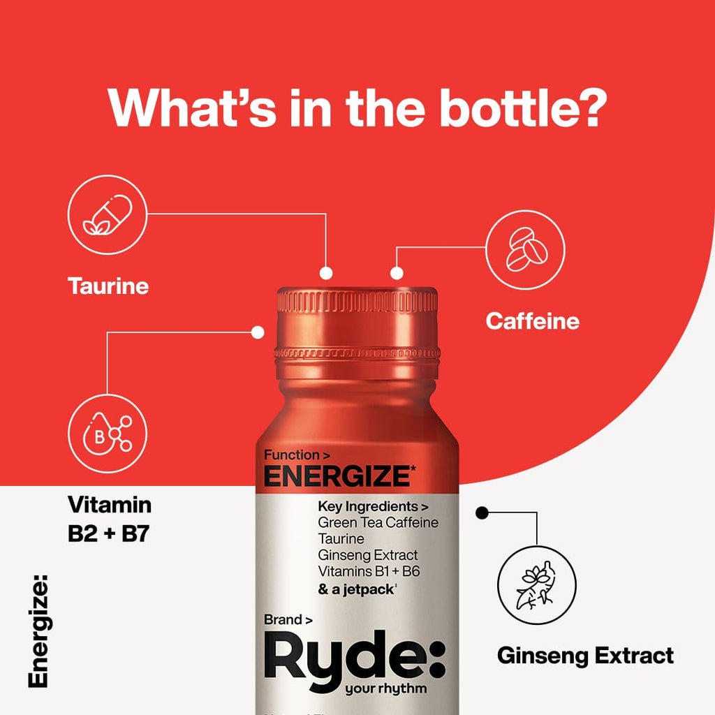 Ryde: Energize Shot | Tropical Flavor | Green Tea Caffeine, Taurine, Ginseng Extract & B Vitamins | 0 Calories, 0 Sugar | 2 FL OZ Shots | Boosts energy* (8 Pack)