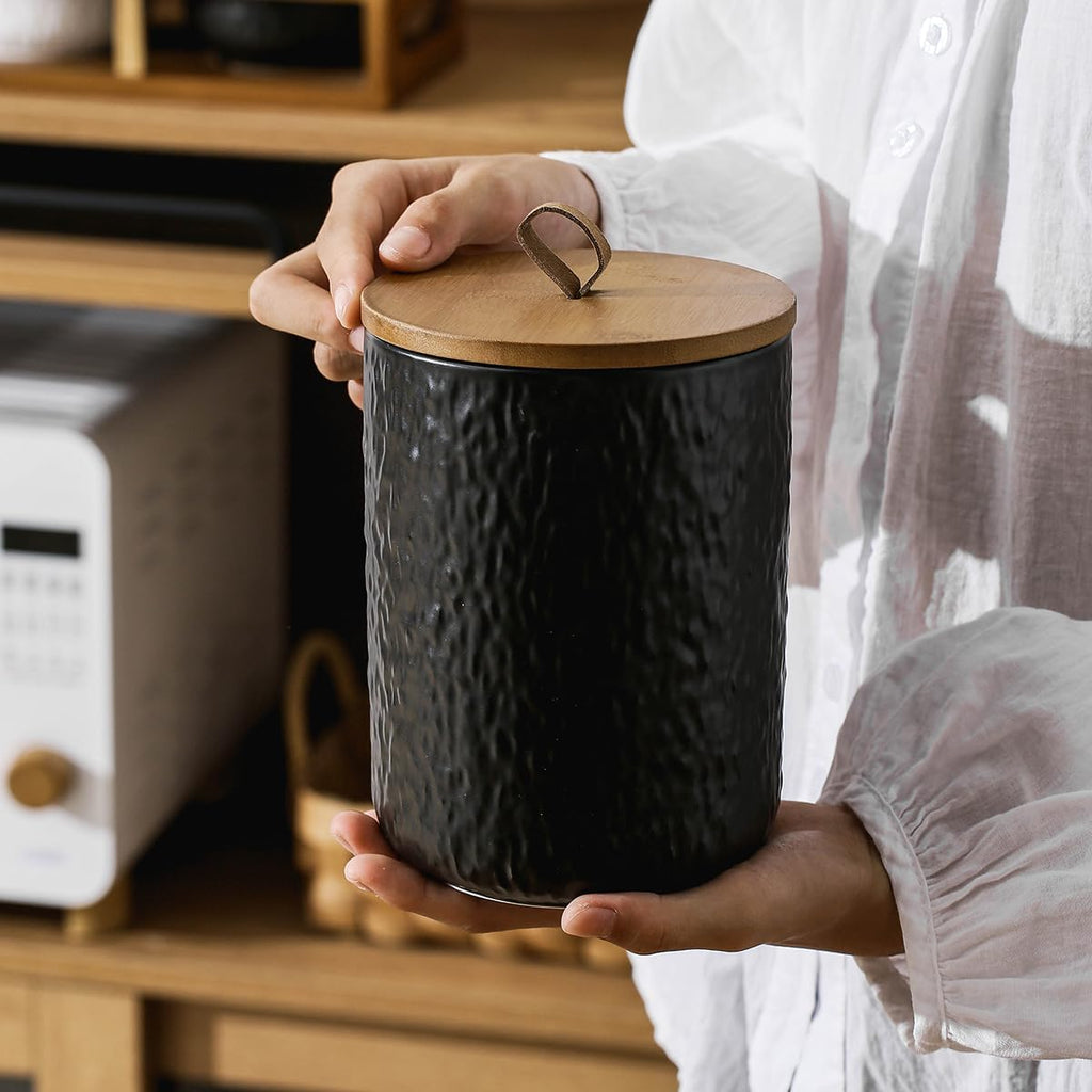 Black White Ceramic Coffee Canister Tea Canister with Seal Wood Lid, Airtight Coffee Storage Container for Coffee Bean, Ground Coffee, Sugar, Cookie Candy jar (Black, 800ml)