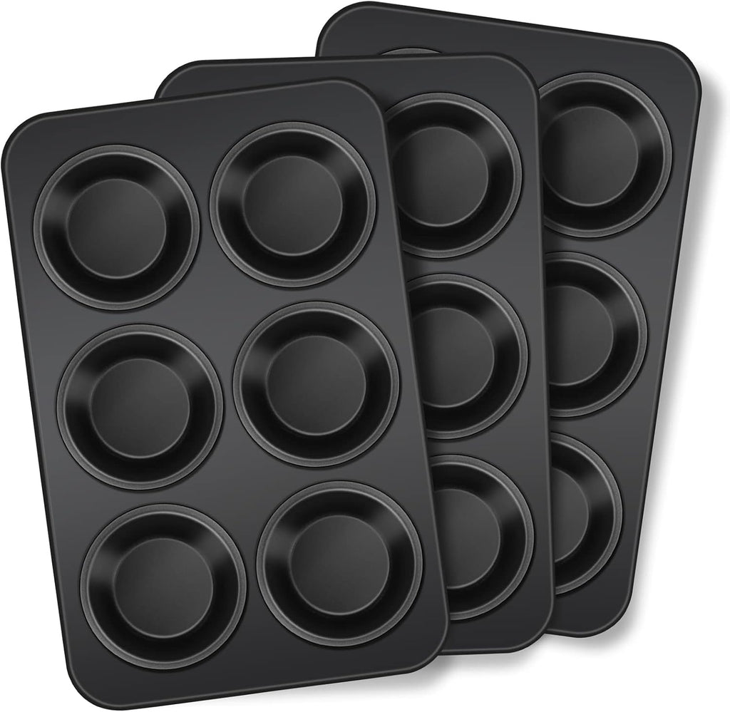 TeamFar Muffin Pan, 6 Cup Muffin Tin Cupcake Pan Tray with Nonstick Coating and Stainless Steel Core, for Home/Kitchen Baking, Healthy & Heatproof, Release Easily & Easy Clean, Set of 3