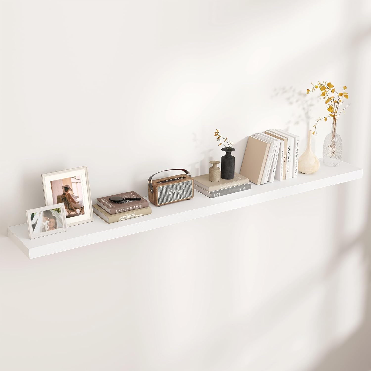Floating Shelves for Wall, Large Wall Mounted Shelves with Invisible Brackets, Long Wood Floating Shelf for Living Room, Bedroom, Kitchen, (White, 72" W x 9" D x 1.5" H)