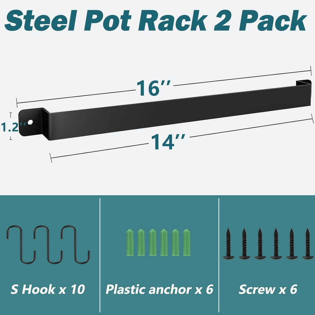 2 Pack Steel-made Kitchen Utensil Rack Organizer Wall-mounted Pot Pans Wall Hanger Holder for Coffee Mug Rack Cup Hanging Kitchen Black with 10 S Hooks