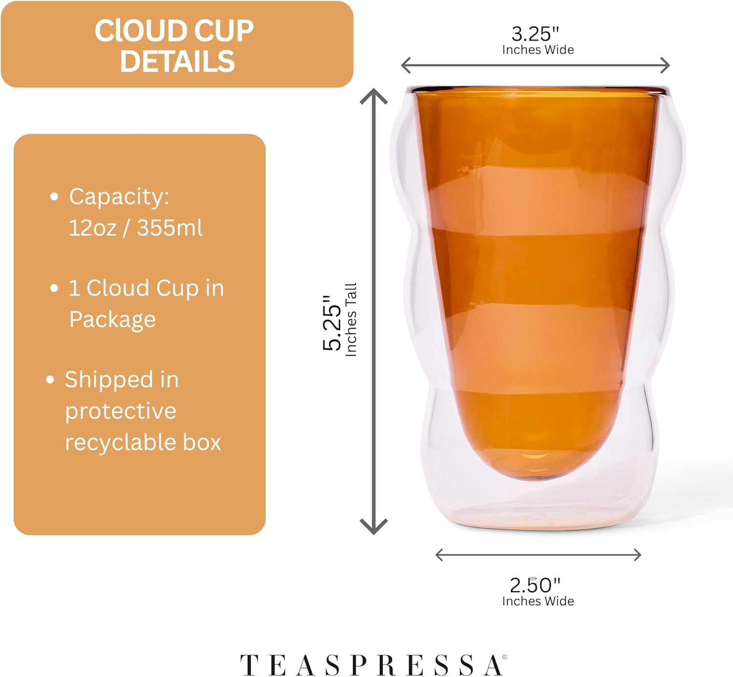 Glass Cloud cups 12 oz Double Wall Insulated Glass Cups - heat-resistant borosilicate glass -perfect for iced teas, lattes, and all your favorite sips (Amber)
