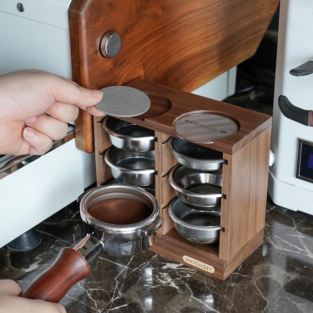 watchget Horizontal Espresso Portafilter Filter Basket Holder Rack - Wooden Precision Basket Storage Stand for 58mm Espresso Machines and 58mm Coffee Puck Screens