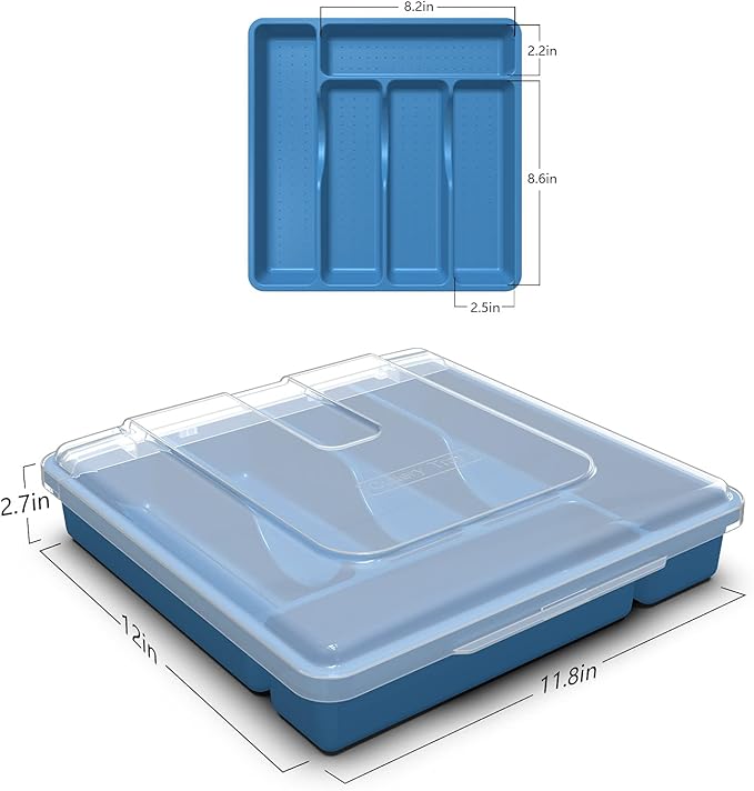 Silverware Tray with Lid, Utensil Holder for Kitchen Counter Plastic Flatware Organizers and Storage holder 5 Compartments Blue