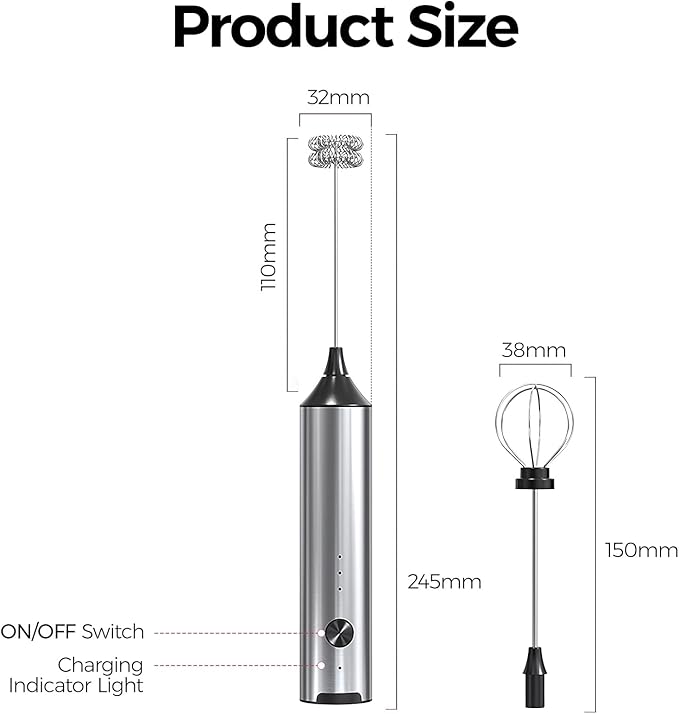 YARRAMATE Rechargeable Milk Frother Wand Handheld, 3 Speed Adjustable Electric Drink Mixer with 2 Whisks, Stainless Steel Stirrer for Coffee, Lattes, Protein Shakes, Matcha, Egg