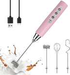 YUSWKO Pink Milk Frother Handheld with 3 Heads, Coffee Whisk Drink Foam Mixer with USB Rechargeable 3 Speeds, Electric Hand Frother for Latte, Cappuccino, Hot Chocolate, Egg