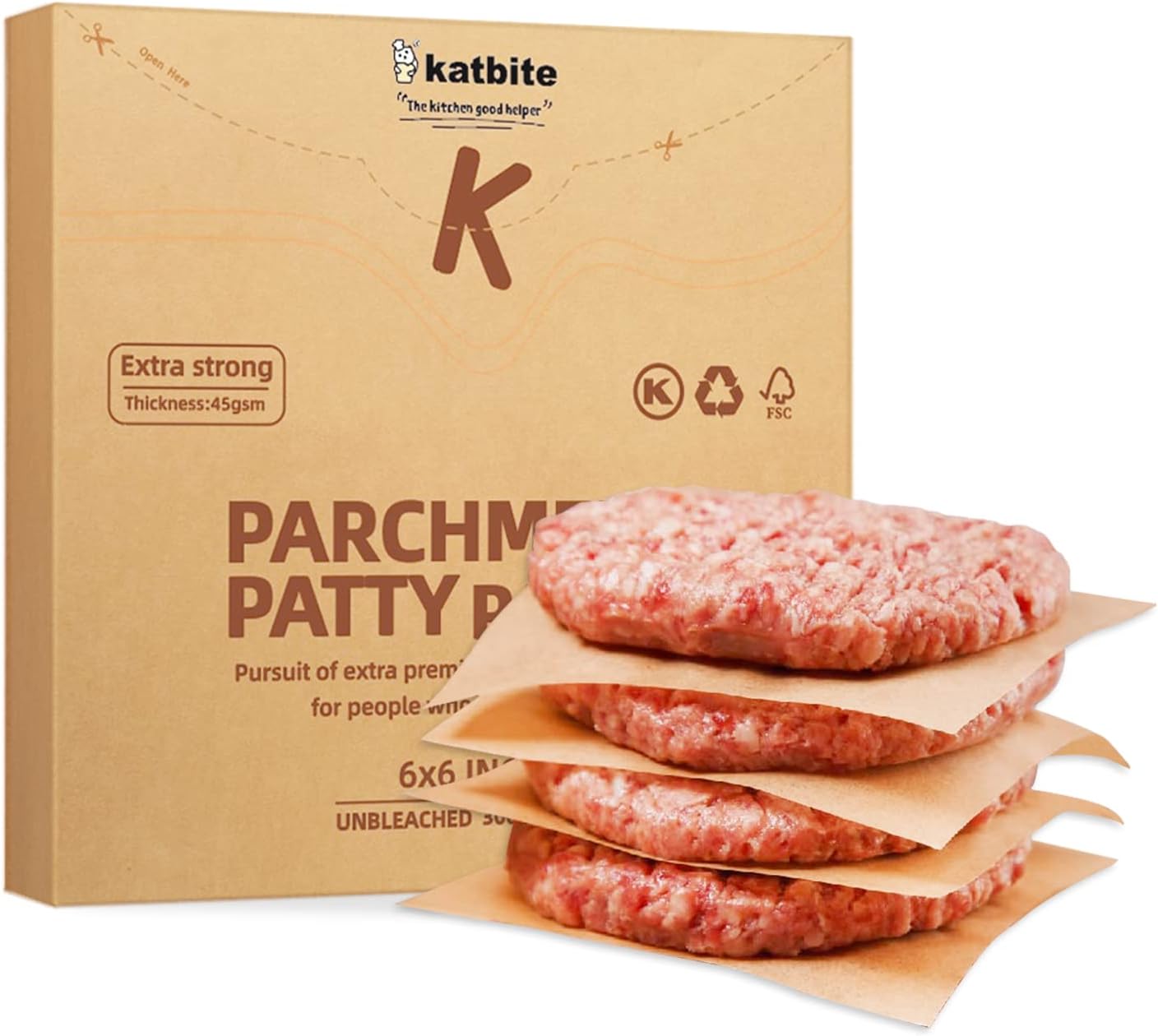 Katbite 300Pcs 6x6 Inches Patty Paper, Burger Patty Paper, Unbleached Parchment Sheets, Heavy Duty & Non-Stick, Squares for Seperating Patty, Cookies, Storing Foods Wrapping Candies