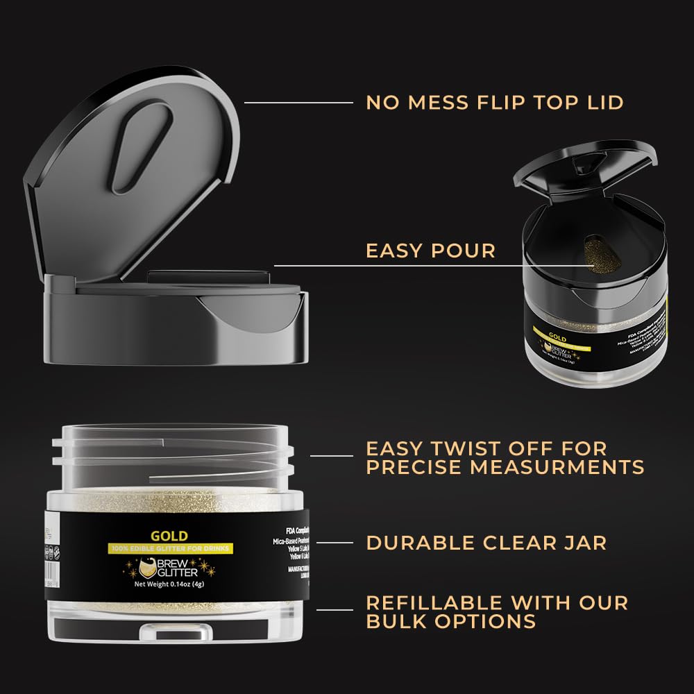 Brew Glitter Gold Edible Drink Glitter 1x 4g Jar for Cocktails, Beer, & Beverages