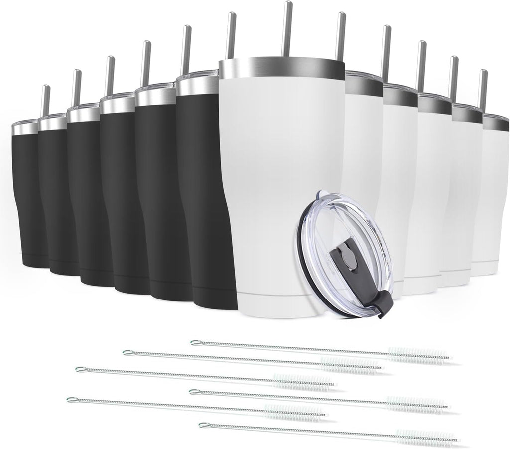 12 Pack 20oz Stainless Steel Tumblers Bulk Reusable Travel Mugs with Lid, Double Wall Powder Coated Coffe Cup for Home, Office, Outdoor Suitable for Vehicle Cup Holders