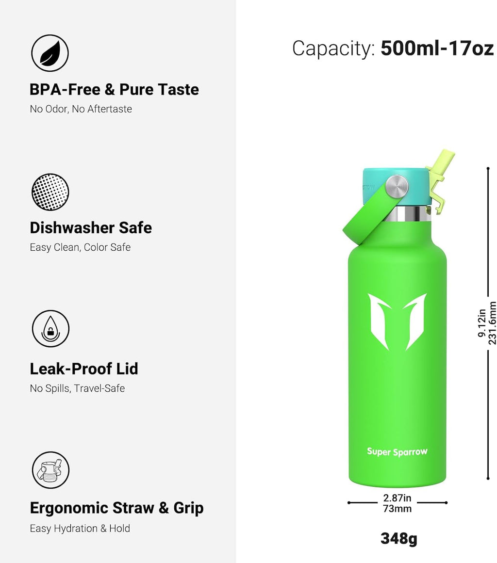 Super Sparrow Insulated Water Bottle - 17 Oz / 25 Oz / 32 Oz - Standard Mouth FlipFlow Flask - BPA Free, Leak Proof Drink Bottle- Ergonomic Straw Water Bottles for Work, Gym, Travel, Sports