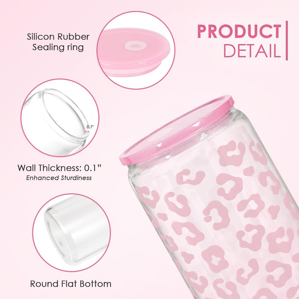 SANDJEST Leopard Glass Bottle, Pink Leopard Print Glass Cup with Lid & Straw, Iced Coffee Aesthetic Glass Can, Gifts for Women, Christmas Birthday Mother's Day