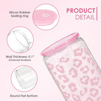 SANDJEST Leopard Glass Bottle, Pink Leopard Print Glass Cup with Lid & Straw, Iced Coffee Aesthetic Glass Can, Gifts for Women, Christmas Birthday Mother's Day