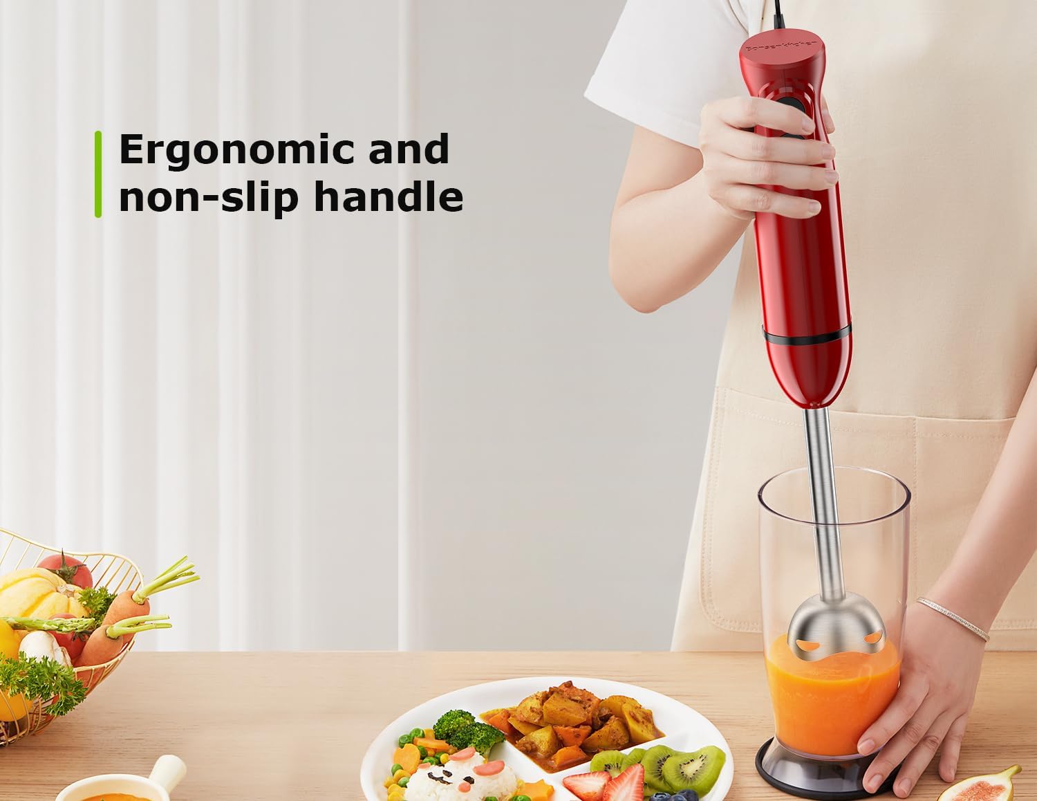 Bonsenkitchen Hand Blender, Immersion Blender with 2 Mixing Speed, Portable Electric Handheld Stick Mixer with Stainless Steel Blades for Soup, Smoothie, Puree, Baby Food, Red