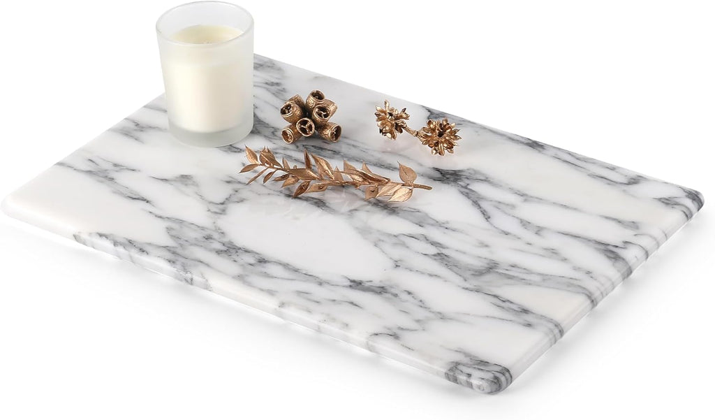 Koville Italian Natural Marble Cutting Board for Kitchen Pastry Bread Macaron Display, 12" x 8" Real Stone Slab Marble Cheese Board for Counter, Bathroom Perfume Tray Candle Plate (Arabescato)