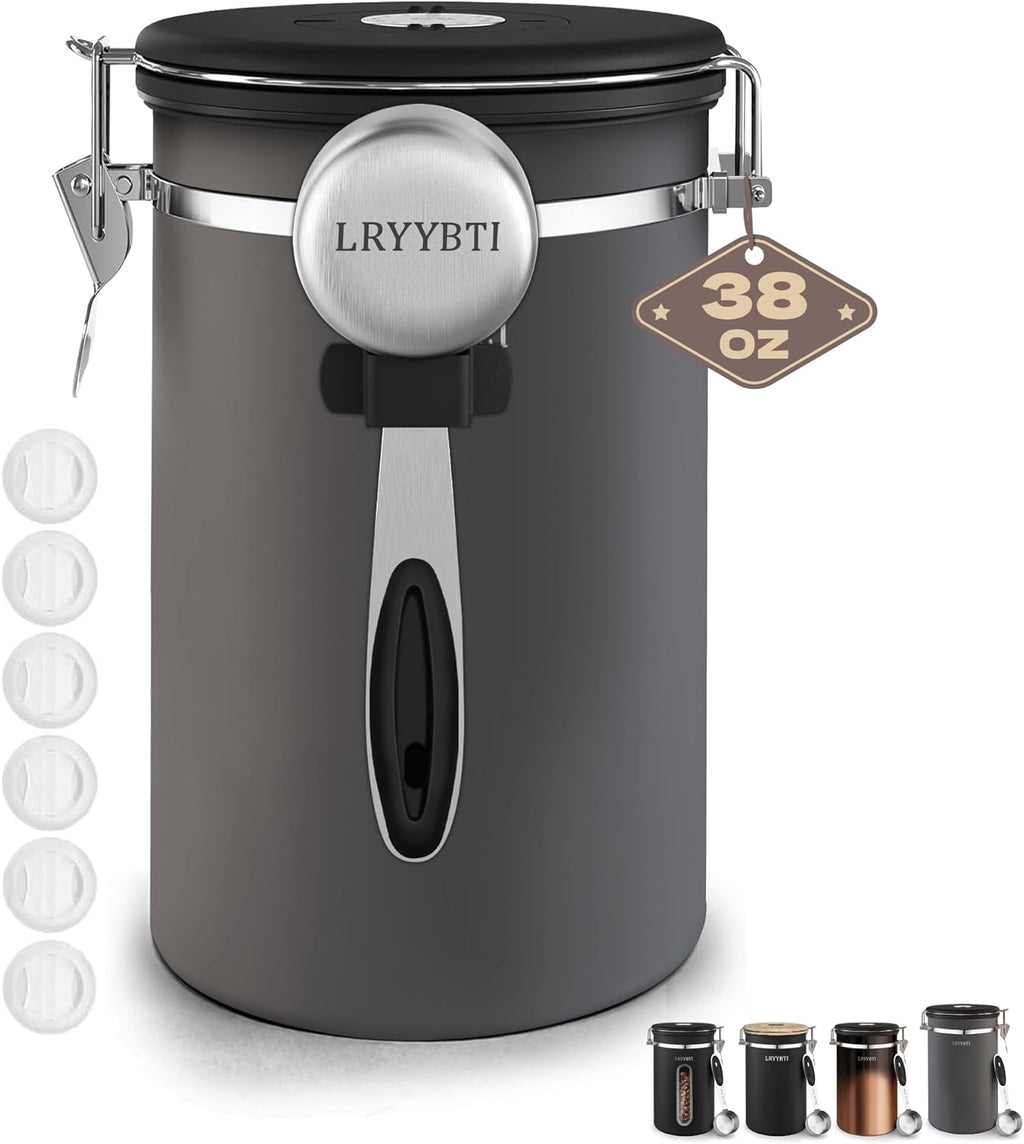 38oz Airtight Coffee Canister,Stainless Steel Coffee Bean Storage Container with Scoop Date Tracker & CO2 Release Valve for Beans, Grounds and more- Gray